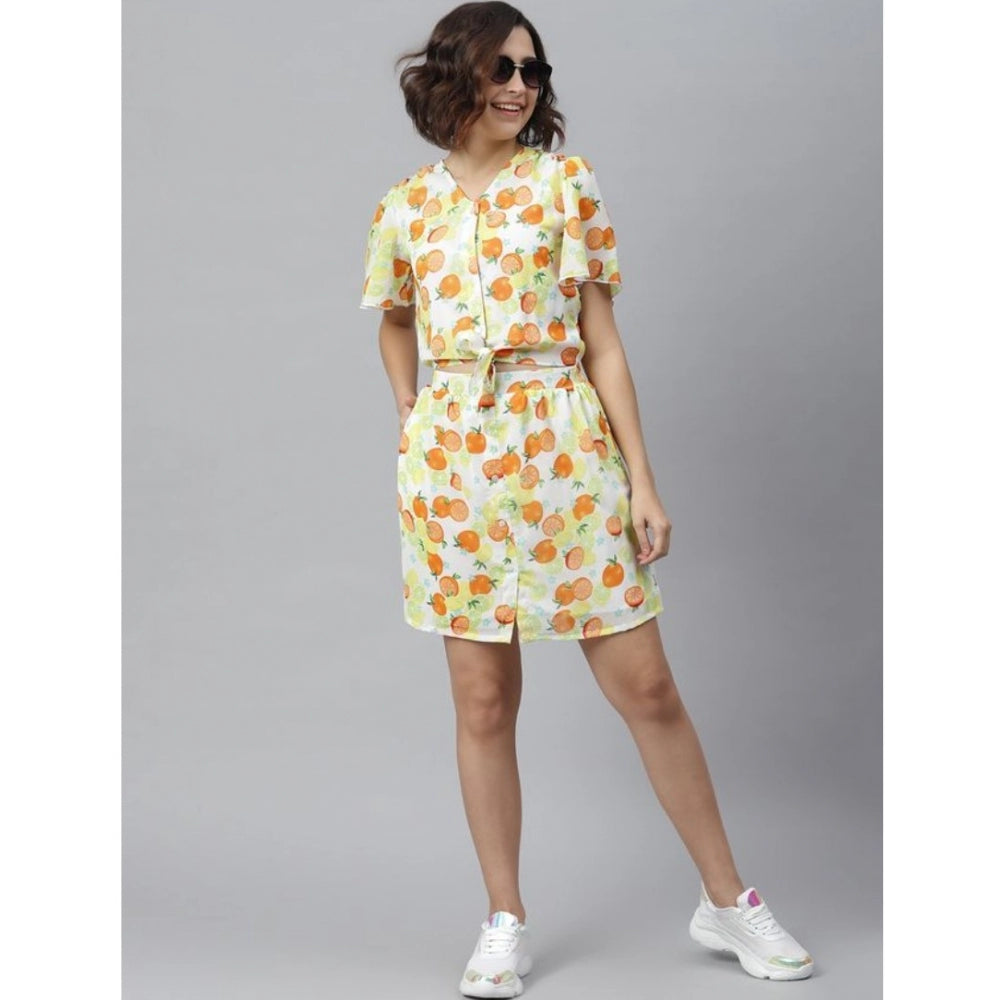 Seduva Women's Polyester Printed Flutter Above Knee Dress (Orange - Yellow)