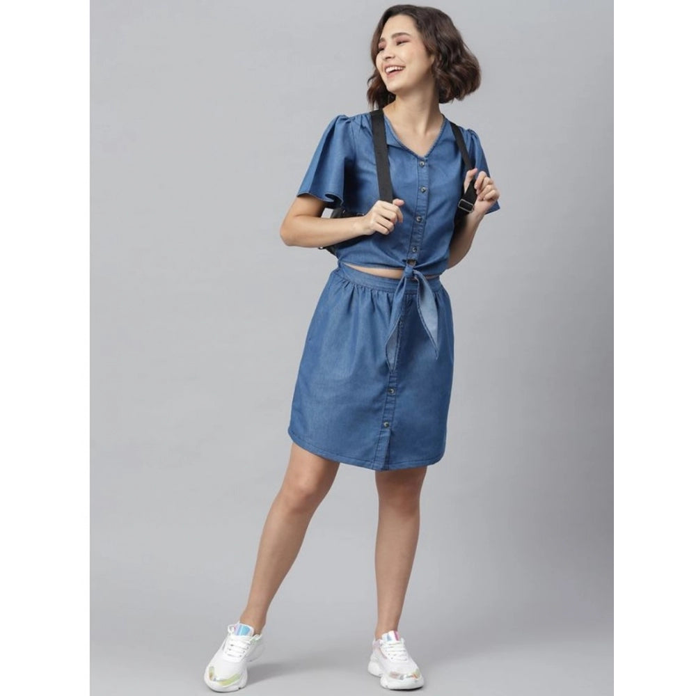 Seduva Women's Denim Solid Flutter Above Knee Dress (Blue)