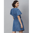 Seduva Women's Denim Solid Flutter Above Knee Dress (Blue)