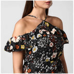 Seduva Women's Polyester Floral Cold Shoulder Above Knee Dress (Black)