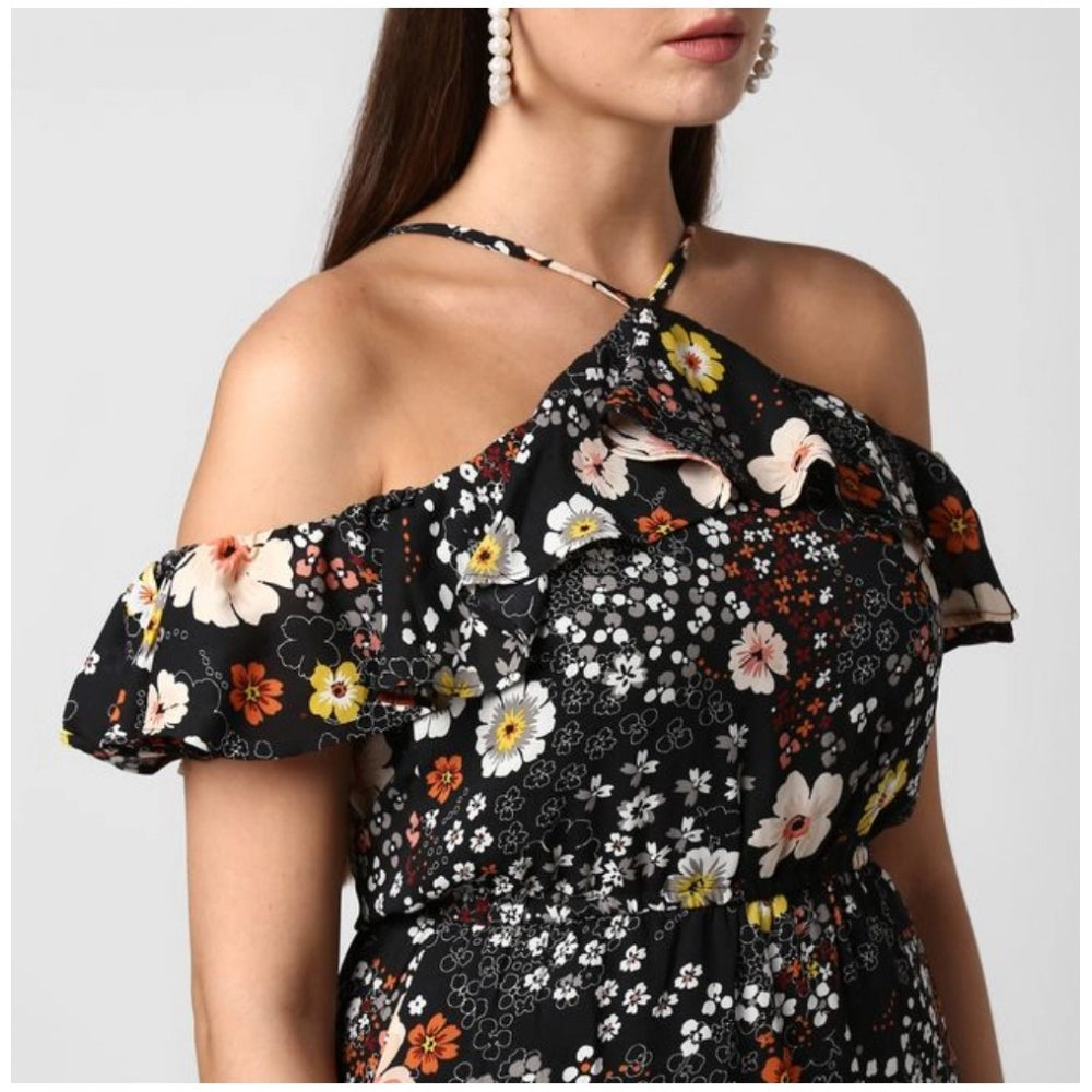Seduva Women's Polyester Floral Cold Shoulder Above Knee Dress (Black)