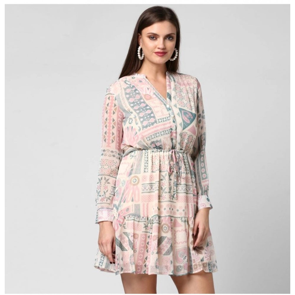 Seduva Women's Polyester Printed Long Sleeves Above Knee Dress (Light Pink - Off White)