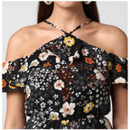 Seduva Women's Polyester Floral Cold Shoulder Above Knee Dress (Black)