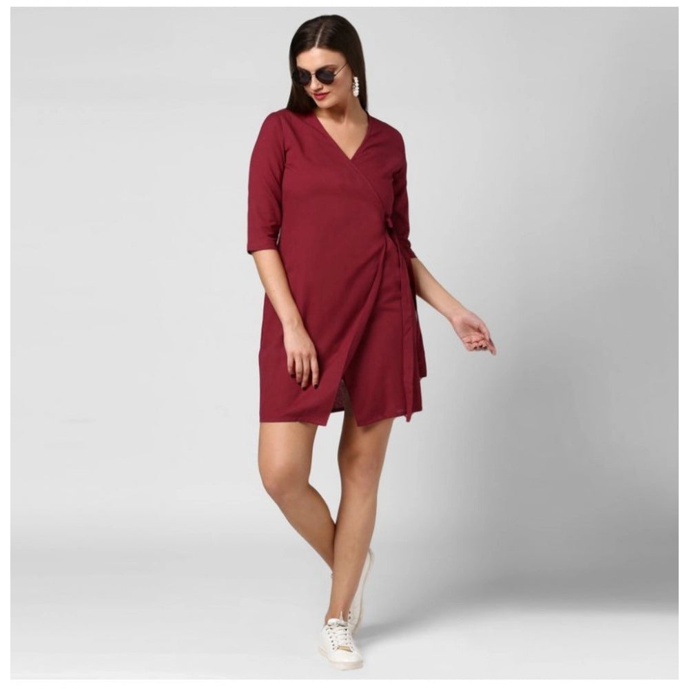 Seduva Women's Cotton Solid 3-4th Sleeves Above Knee Dress (Maroon)