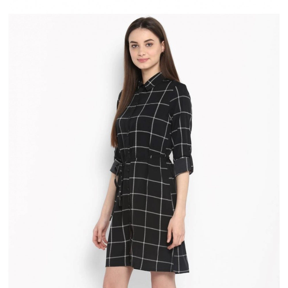 Seduva Women's Polyester Checkered Roll Up Sleeve Above Knee Dress (Black - White)