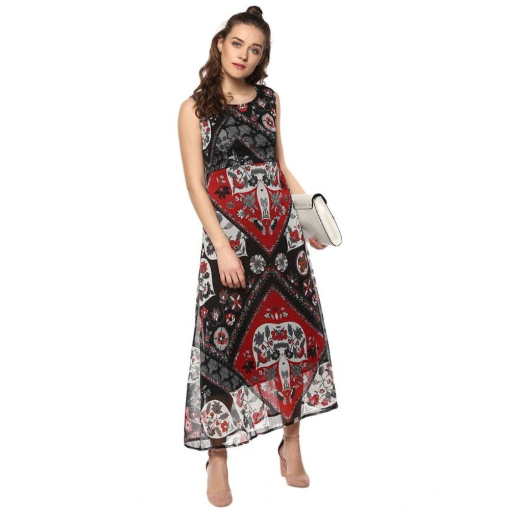 Seduva Women's Polyester Printed Sleeveless Dress (Red - Black)