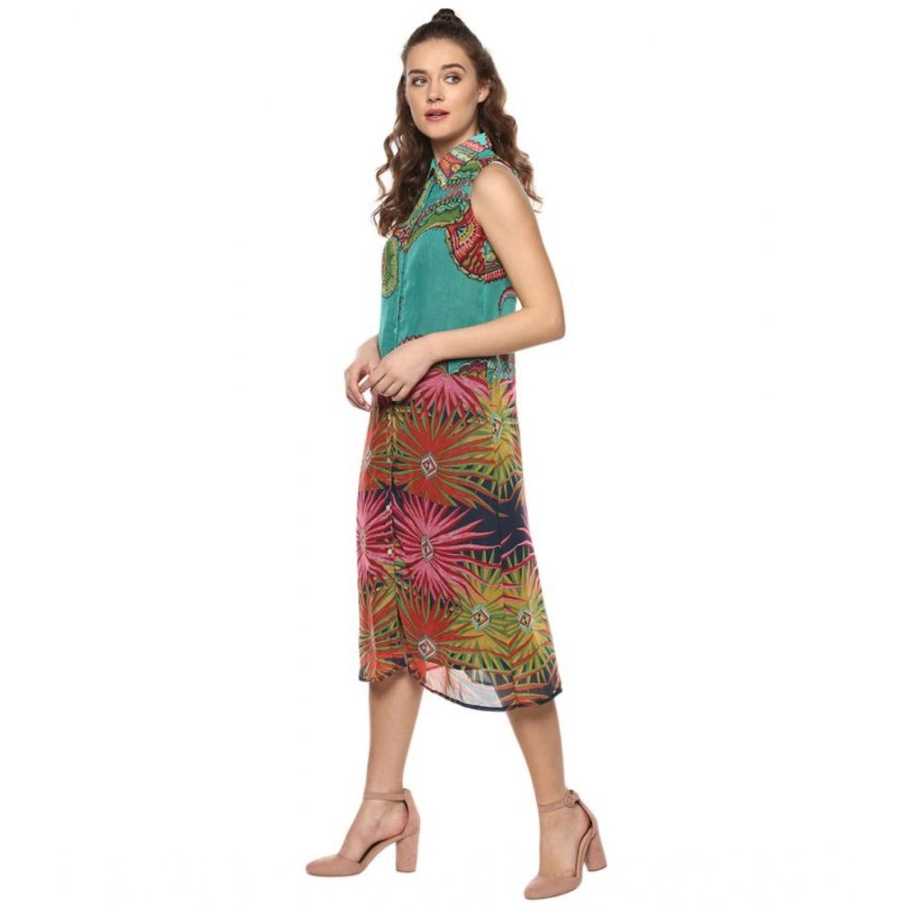 Seduva Women's Polyester Floral Sleeveless Below Knee Dress (Multicolor)