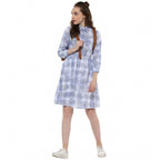 Seduva Women's Cotton Checkered Roll Up Sleeve Above Knee Dress (Blue)
