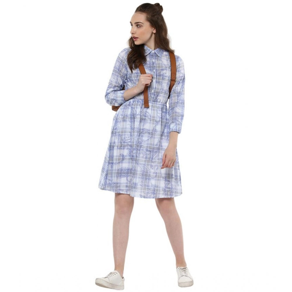 Seduva Women's Cotton Checkered Roll Up Sleeve Above Knee Dress (Blue)