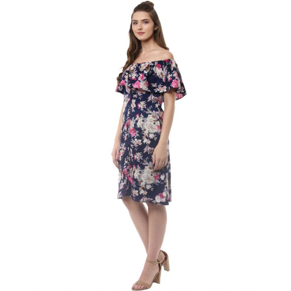 Seduva Women's Polyester Crepe Floral Half Sleeve Above Knee Dress (Navy Blue)