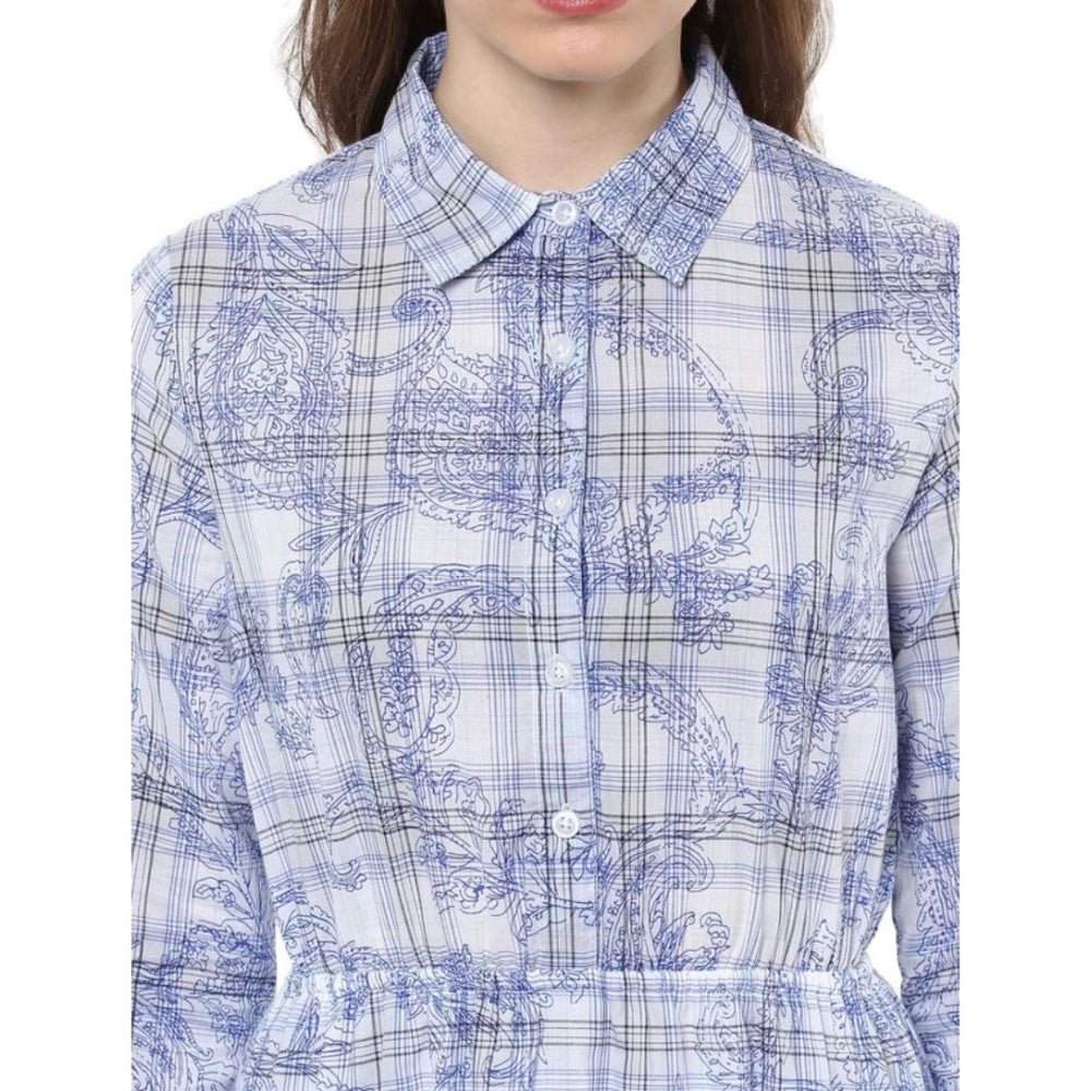 Seduva Women's Cotton Checkered Roll Up Sleeve Above Knee Dress (Blue)
