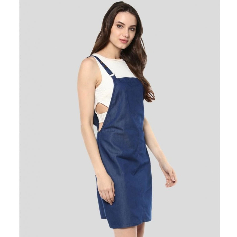 Seduva Women's Denim Solid Shoulder Straps Above Knee Dress (Blue)