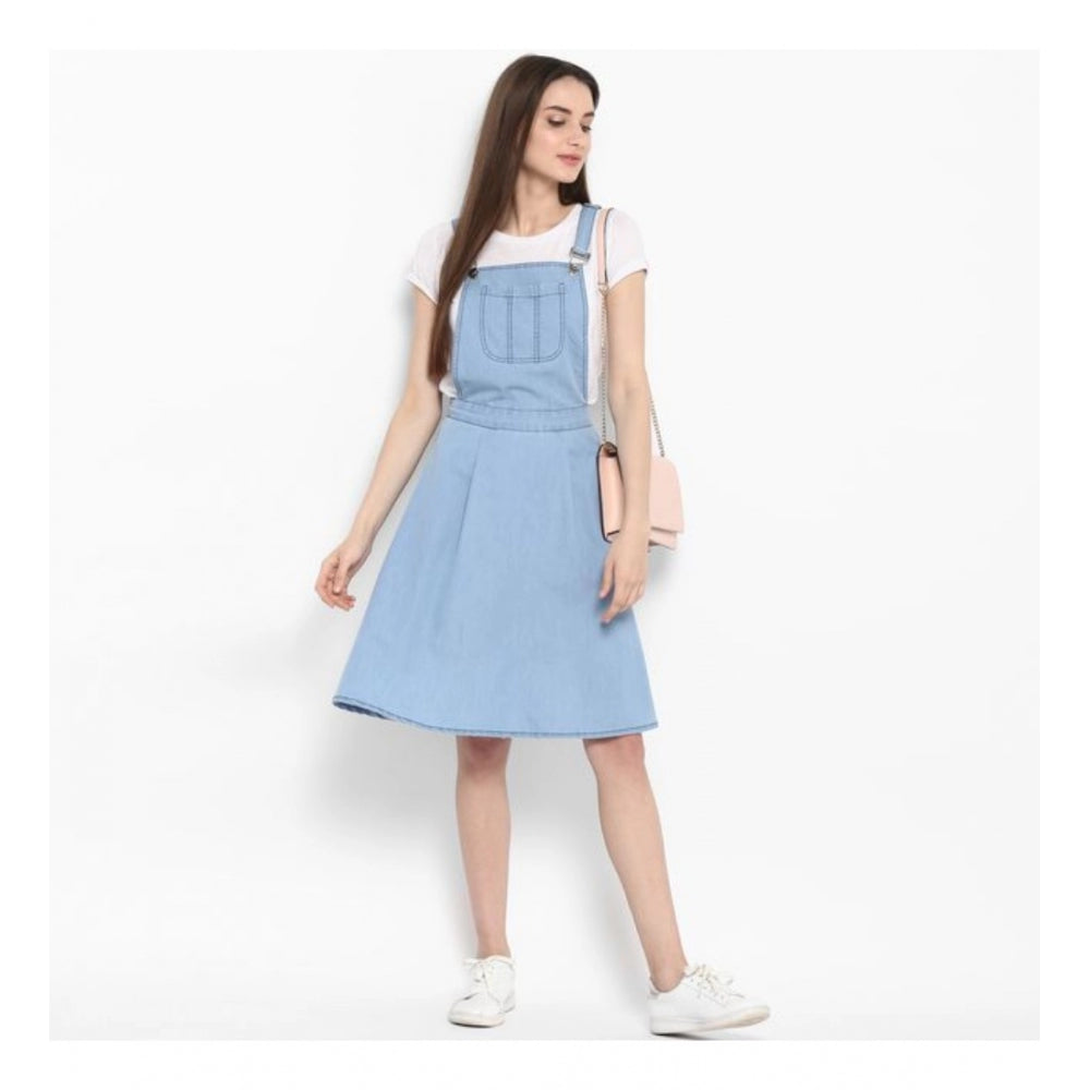 Seduva Women's Denim Solid Sleeveless Above Knee Dress (Blue)