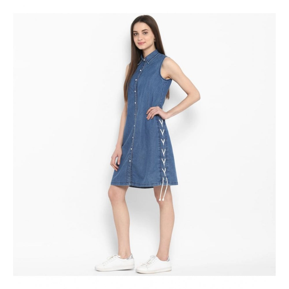 Seduva Women's Denim Solid Sleeveless Above Knee Dress (Blue)