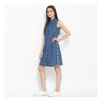 Seduva Women's Denim Solid Sleeveless Above Knee Dress (Blue)