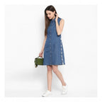 Seduva Women's Denim Solid Sleeveless Above Knee Dress (Blue)