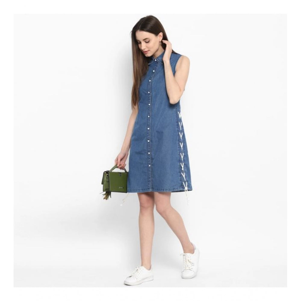 Seduva Women's Denim Solid Sleeveless Above Knee Dress (Blue)