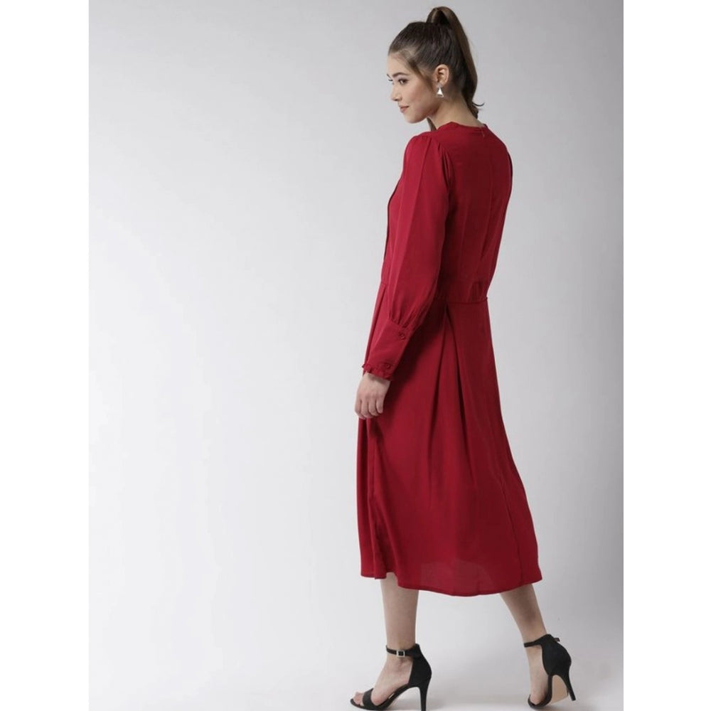 Seduva Women's Polyester Pintuck Long Sleeves Below Knee Dress (Red)