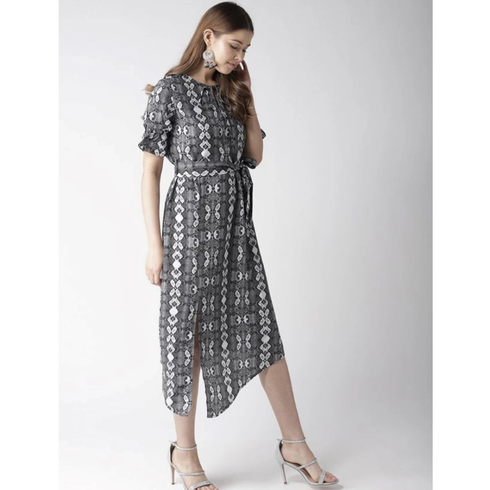 Seduva Women's Polyester Animal Print Short Sleeve Knee-Length Dress (Black - White)