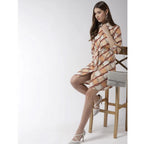 Seduva Women's Polyester Printed Roll Up Sleeve Above Knee Dress (Off White - Brown)