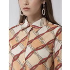 Seduva Women's Polyester Printed Roll Up Sleeve Above Knee Dress (Off White - Brown)