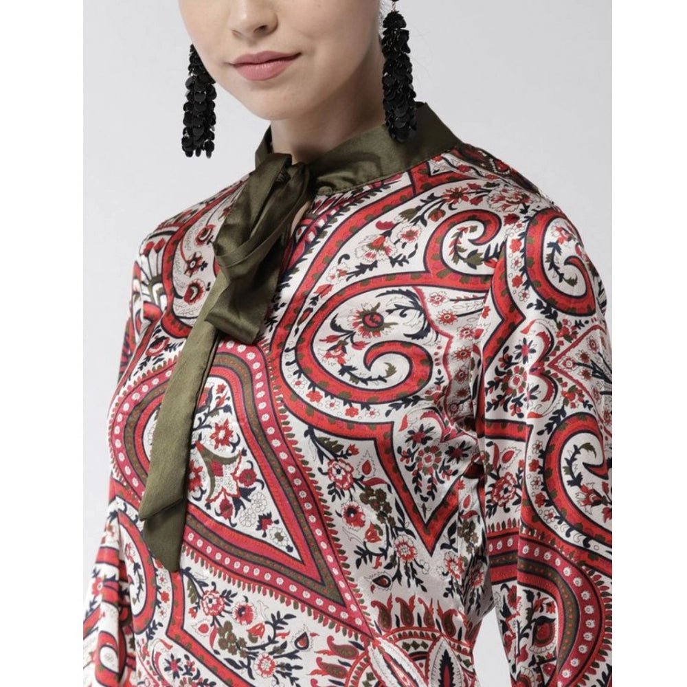 Seduva Women's Polyester Printed Long Sleeves Above Knee Dress (Red)