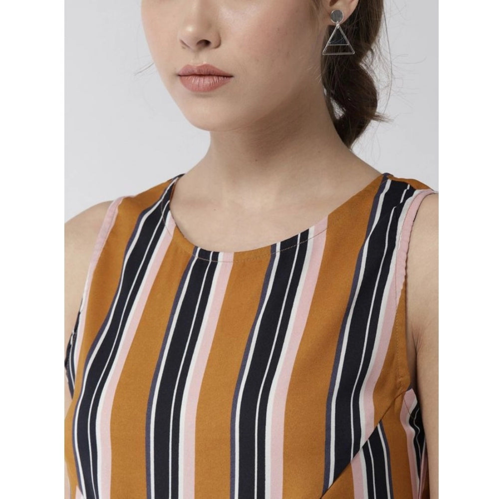 Seduva Women's Polyester Striped Sleeveless Below Knee Dress (Mustard)