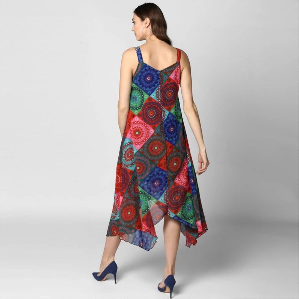 Seduva Women's Polyester Asymmetrical Shoulder Straps Knee-Length Dress (Multicolor)