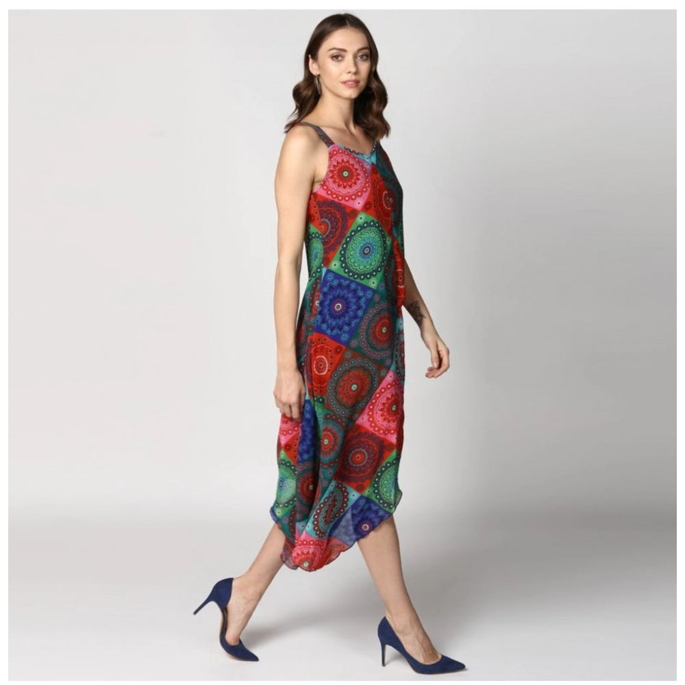 Seduva Women's Polyester Asymmetrical Shoulder Straps Knee-Length Dress (Multicolor)