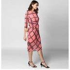 Seduva Women's Polyester Checkered 3-4th Sleeves Below Knee Dress (Pink - Black)