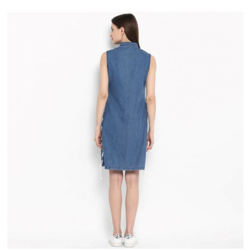 Seduva Women's Denim Solid Sleeveless Above Knee Dress (Blue)