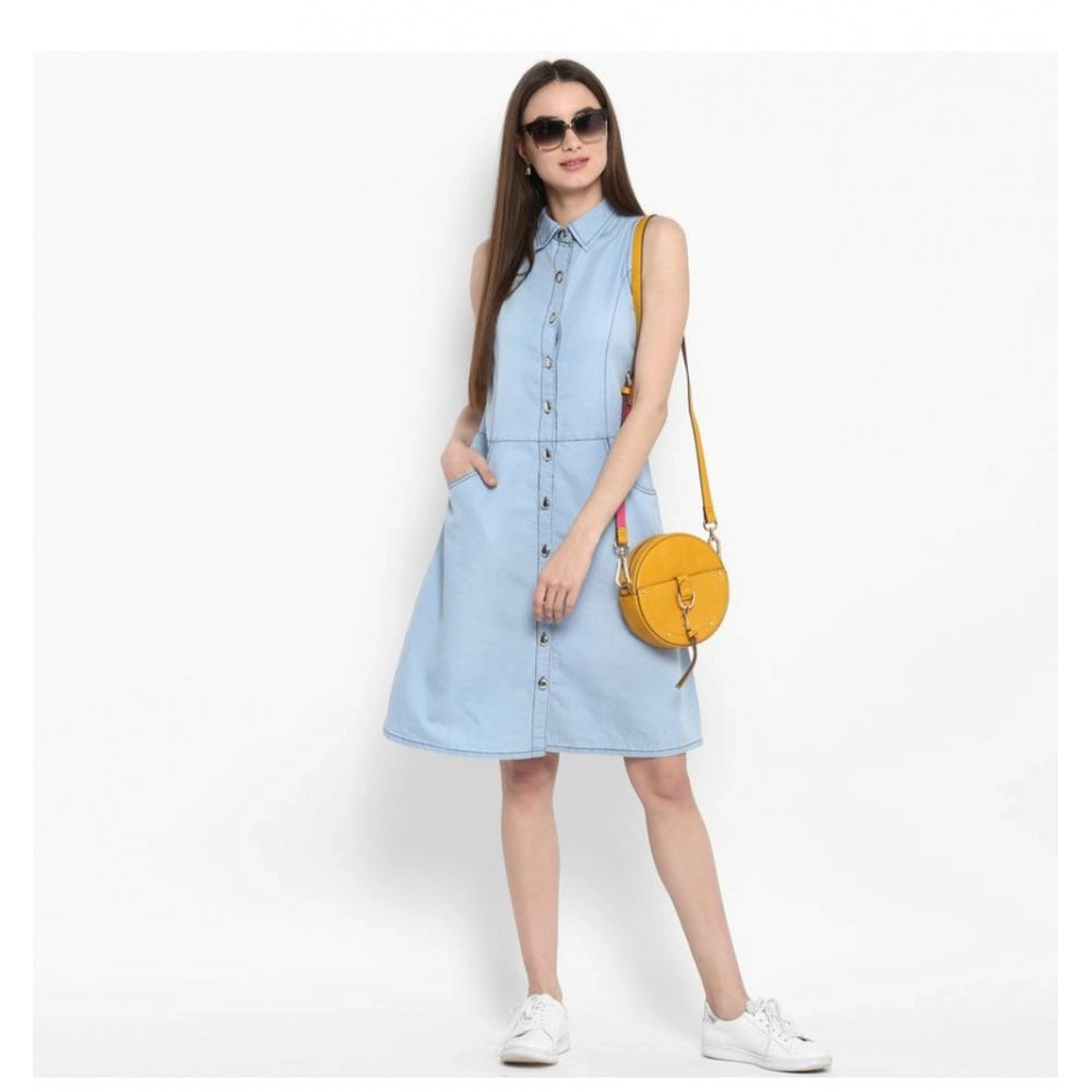 Seduva Women's Denim Solid Sleeveless Below Knee Dress (Blue)