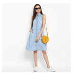 Seduva Women's Denim Solid Sleeveless Below Knee Dress (Blue)