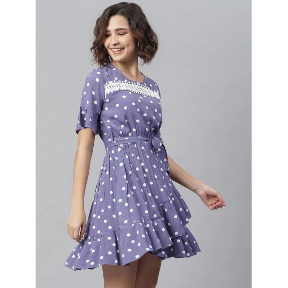 Seduva Women's Polyester Polka Bell Sleeve Above Knee Dress (Lavender)
