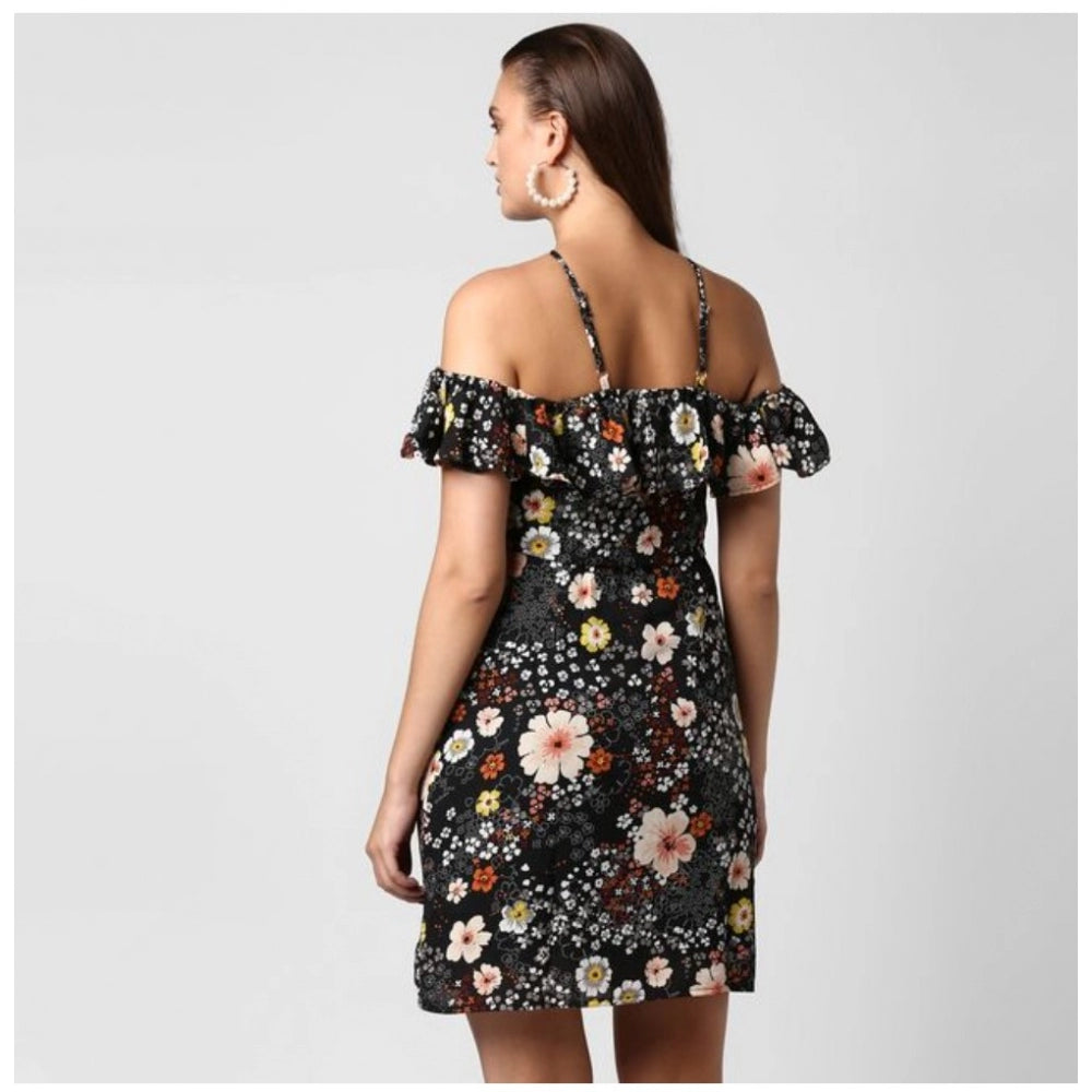Seduva Women's Polyester Floral Cold Shoulder Above Knee Dress (Black)