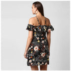 Seduva Women's Polyester Floral Cold Shoulder Above Knee Dress (Black)