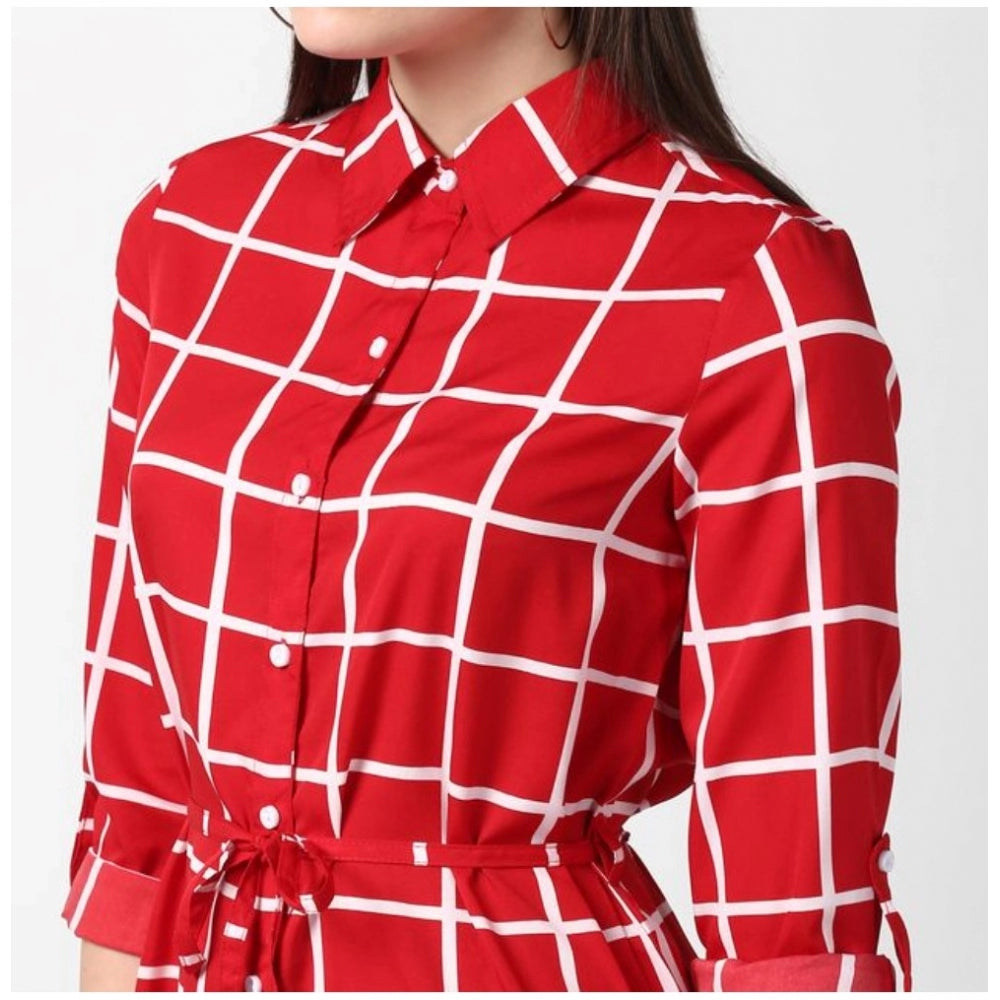 Seduva Women's Polyester Checkered Long Sleeves Above Knee Dress (Red)