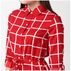Seduva Women's Polyester Checkered Long Sleeves Above Knee Dress (Red)
