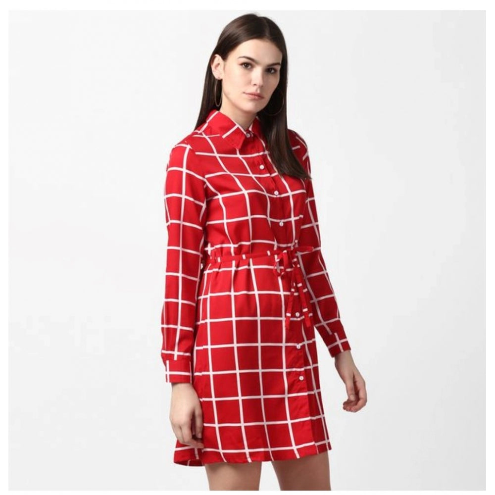 Seduva Women's Polyester Checkered Long Sleeves Above Knee Dress (Red)