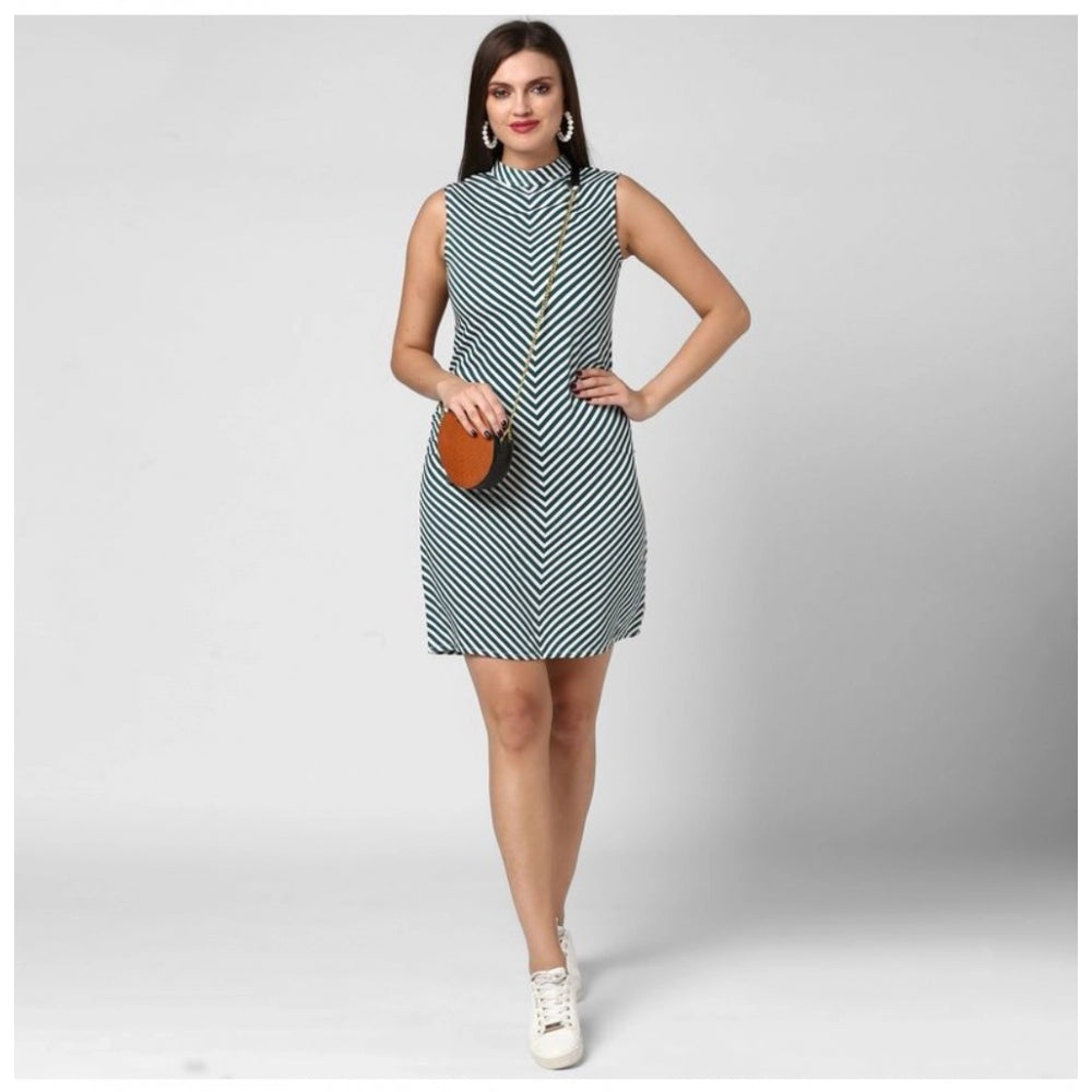 Seduva Women's Polyester Striped Sleeveless Above Knee Dress (Green)