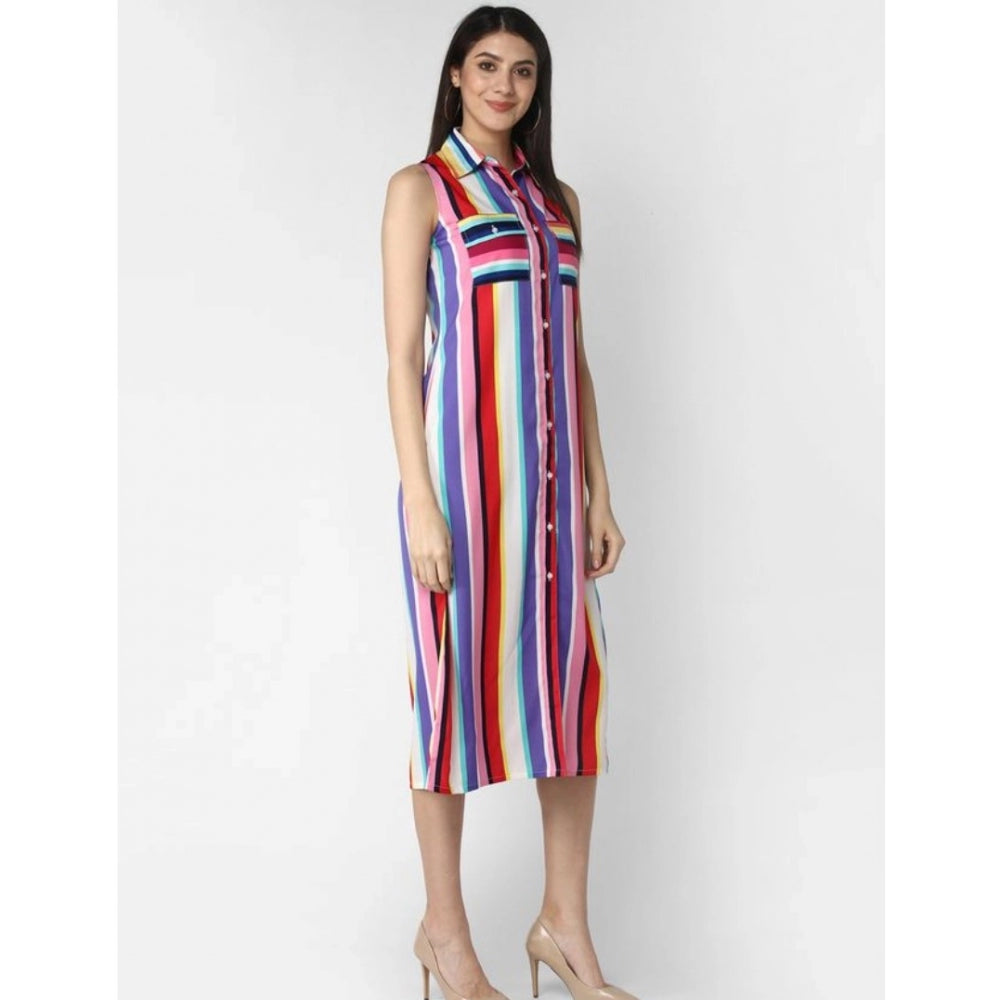 Seduva Women's Polyester Striped Sleeveless Calf-length Dress (Multicolor)