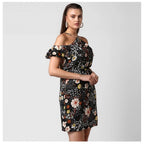 Seduva Women's Polyester Floral Cold Shoulder Above Knee Dress (Black)
