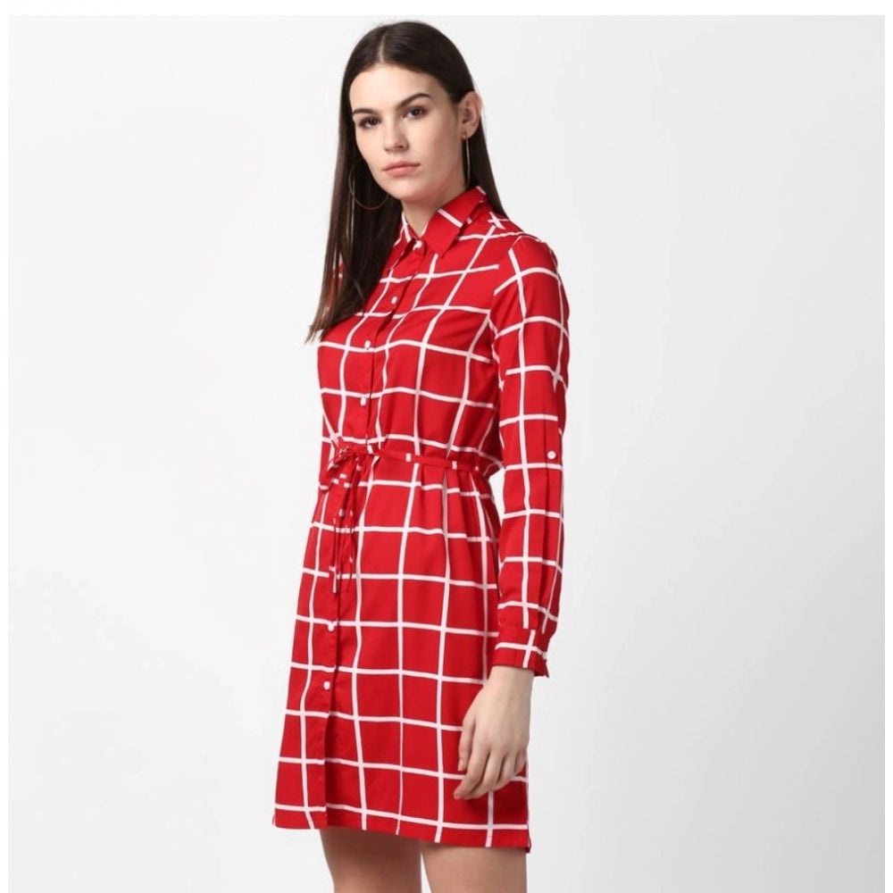 Seduva Women's Polyester Checkered Long Sleeves Above Knee Dress (Red)