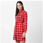 Seduva Women's Polyester Checkered Long Sleeves Above Knee Dress (Red)