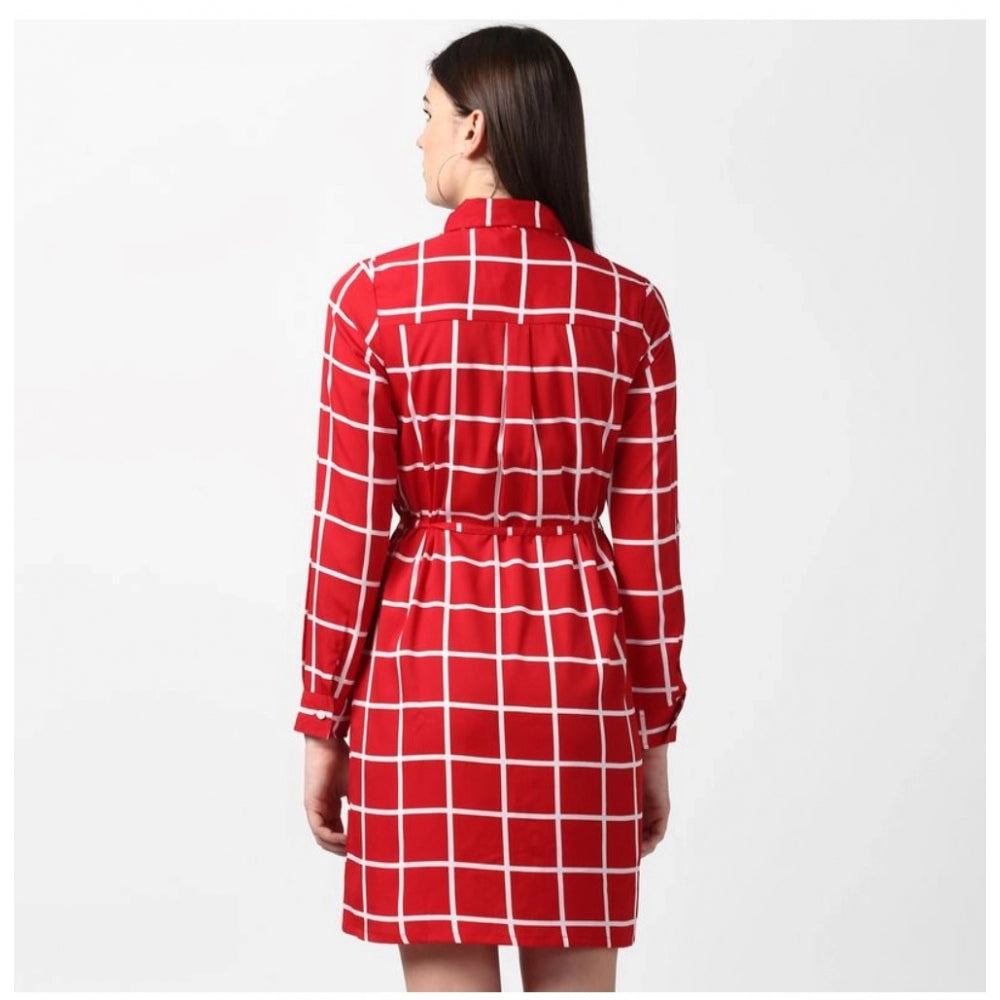 Seduva Women's Polyester Checkered Long Sleeves Above Knee Dress (Red)