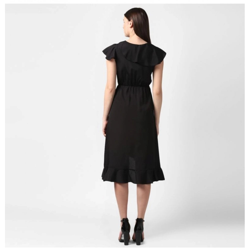 Seduva Women's Polyester Ruffled Cap Sleeve Knee-Length Dress (Black)