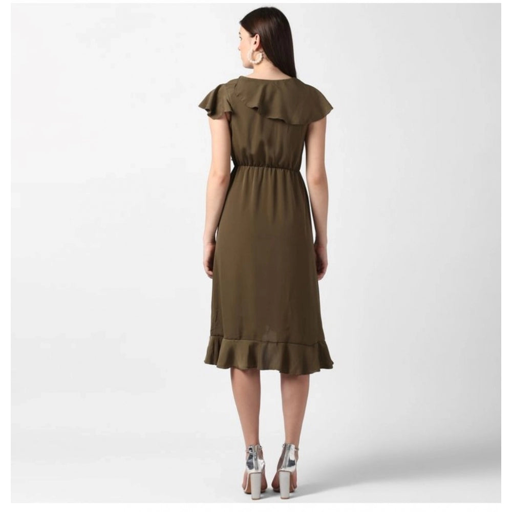 Seduva Women's Polyester Ruffled Cap Sleeve Knee-Length Dress (Olive)