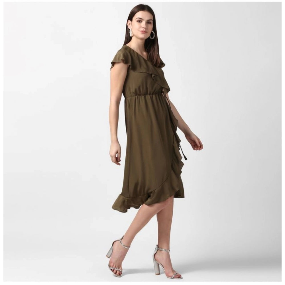 Seduva Women's Polyester Ruffled Cap Sleeve Knee-Length Dress (Olive)