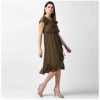Seduva Women's Polyester Ruffled Cap Sleeve Knee-Length Dress (Olive)