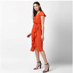 Seduva Women's Polyester Ruffled Cap Sleeve Knee-Length Dress (Orange)